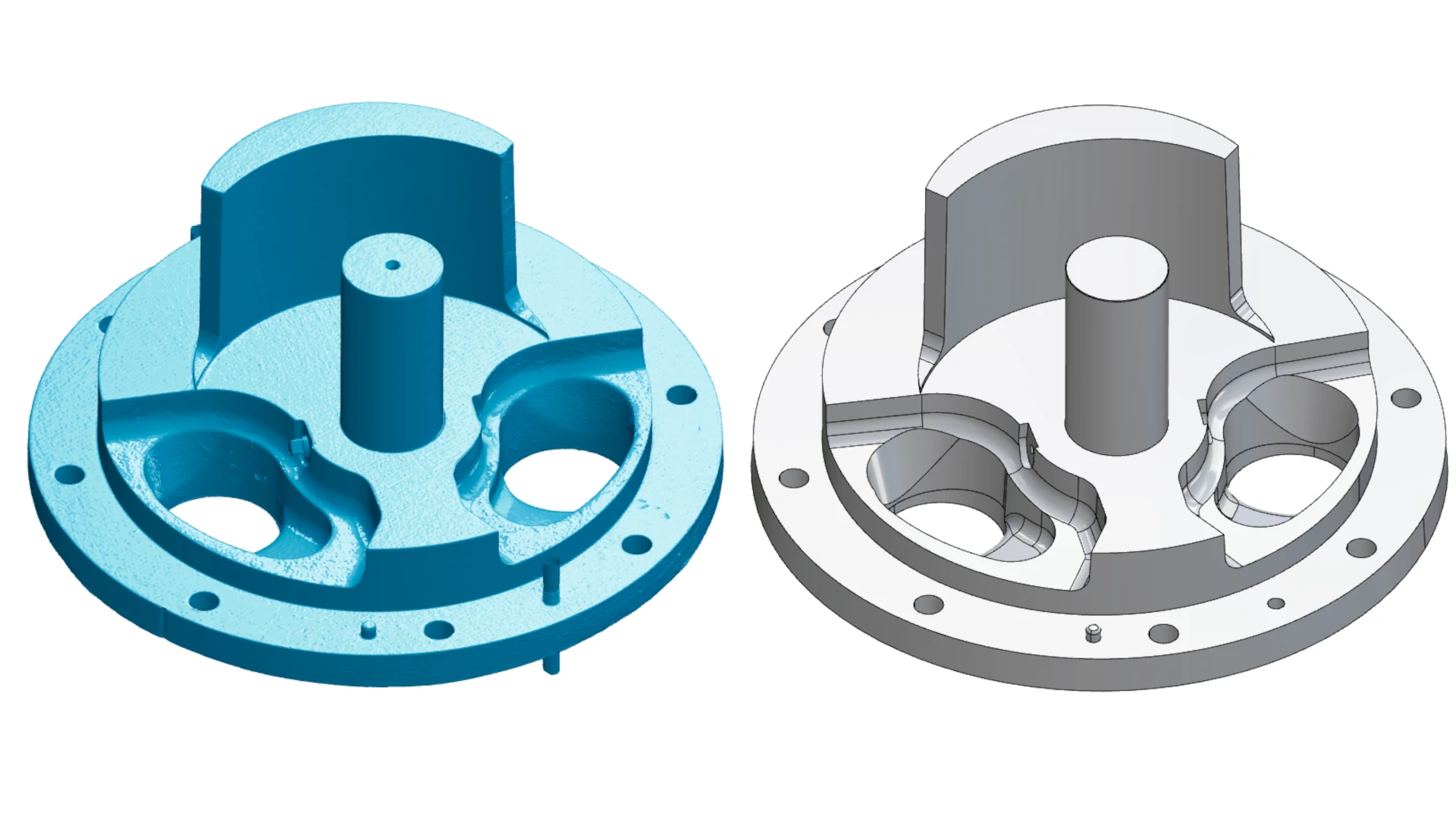 Clean CAD model next to Scanned Mesh